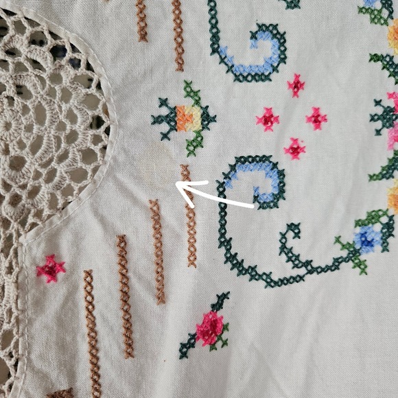 Vintage Embroidered Oval Tablecloth Ivory Cross Stitch Florals - Picture 8 of 12